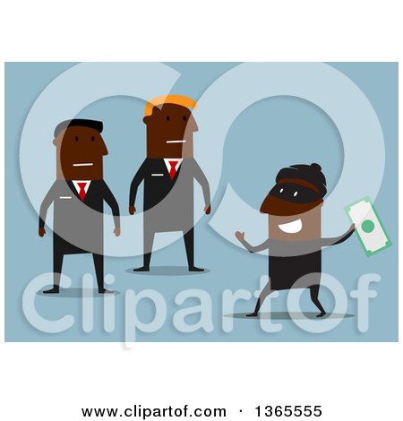 Clipart of Flat Design Black Security Guards Catching a Robber Stealing Money, over Blue - Royalty Free Vector Illustration by Vector Tradition SM