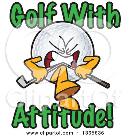 Clipart of a Golf Ball Sports Mascot Character Breaking a Club with Golf with Attitude Text - Royalty Free Vector Illustration by Mascot Junction