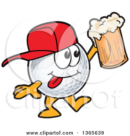Clipart of a Golf Ball Sports Mascot Character Wearing a Cap and Holding up a Beer - Royalty Free Vector Illustration by Mascot Junction