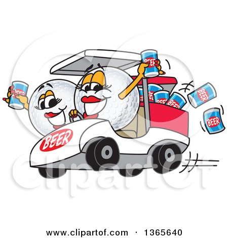 Clipart of Golf Ball Sports Mascot Babes with Beer Cans in a Cart - Royalty Free Vector Illustration by Mascot Junction