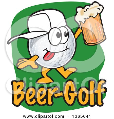 Clipart of a Golf Ball Sports Mascot Character Holding a Beer over Text - Royalty Free Vector Illustration by Mascot Junction