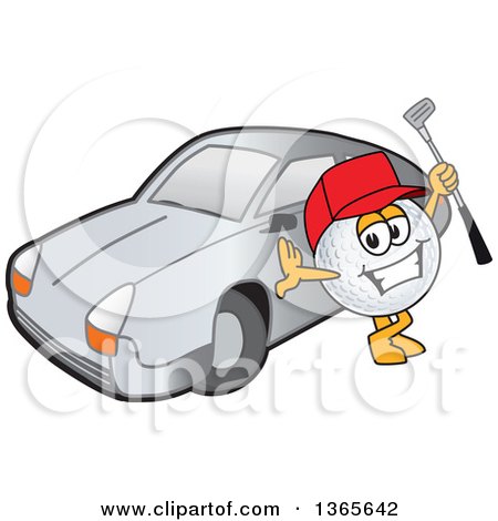 Clipart of a Golf Ball Sports Mascot Character Holding a Club by a Car - Royalty Free Vector Illustration by Mascot Junction