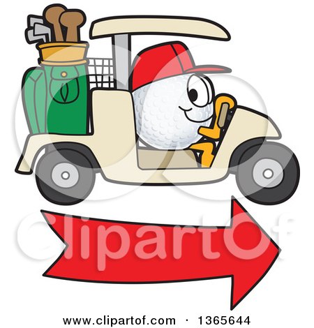 Clipart of a Golf Ball Sports Mascot Character Driving a Cart over an Arrow - Royalty Free Vector Illustration by Mascot Junction