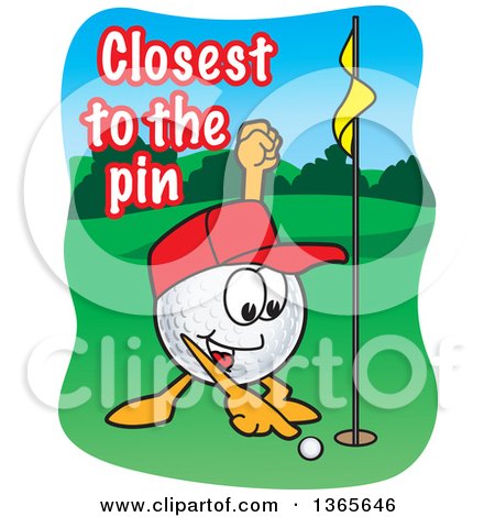 Clipart of a Golf Ball Sports Mascot Character with Closest to the Pin Text - Royalty Free Vector Illustration by Mascot Junction