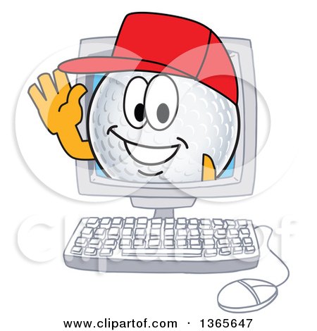 Clipart of a Golf Ball Sports Mascot Character Waving from a Computer Screen - Royalty Free Vector Illustration by Mascot Junction
