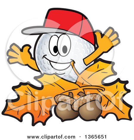 Clipart of a Golf Ball Sports Mascot Character with Acorns and Autumn Leaves - Royalty Free Vector Illustration by Mascot Junction