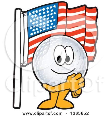 Clipart of a Golf Ball Sports Mascot Character Pledging Allegiance to the American Flag - Royalty Free Vector Illustration by Mascot Junction