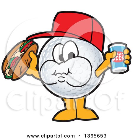 Clipart of a Golf Ball Sports Mascot Character Holding a Beer and Eating a Hot Dog - Royalty Free Vector Illustration by Mascot Junction