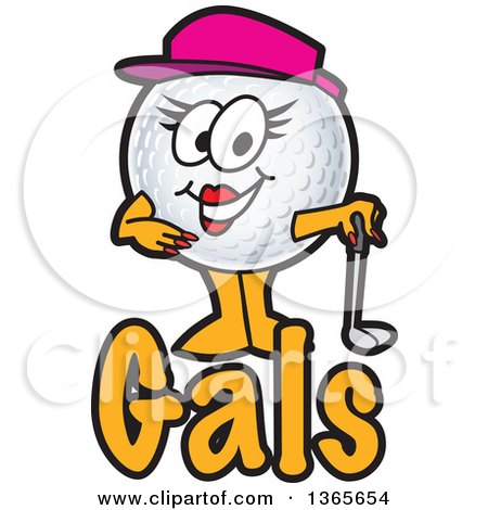 Clipart of a Female Golf Ball Sports Mascot Character over Gals Text - Royalty Free Vector Illustration by Mascot Junction