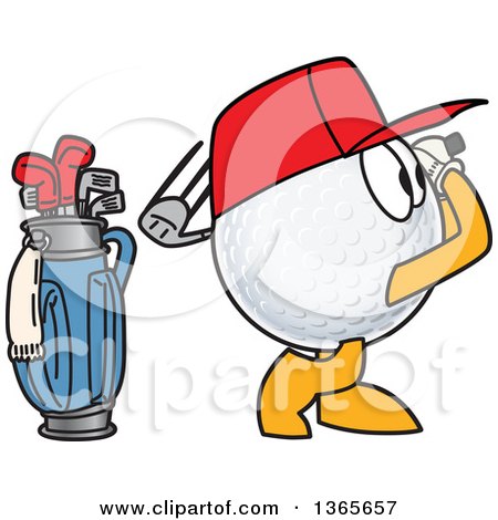 Clipart of a Golf Ball Sports Mascot Character Swinging by a Bag - Royalty Free Vector Illustration by Mascot Junction