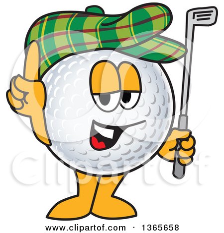 Clipart of a Golf Ball Sports Mascot Character Holding up a Finger, Club and Wearing a Hat - Royalty Free Vector Illustration by Mascot Junction