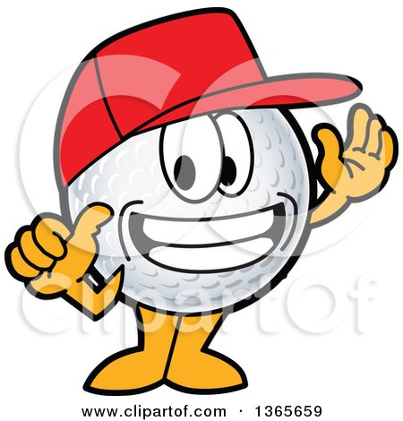Clipart of a Golf Ball Sports Mascot Character Wearing a Red Hat and Grinning - Royalty Free Vector Illustration by Mascot Junction