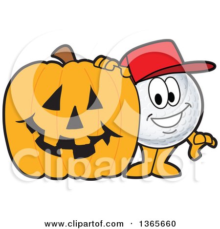 Clipart of a Golf Ball Sports Mascot Character with a Halloween Jackolantern Pumpkin - Royalty Free Vector Illustration by Mascot Junction