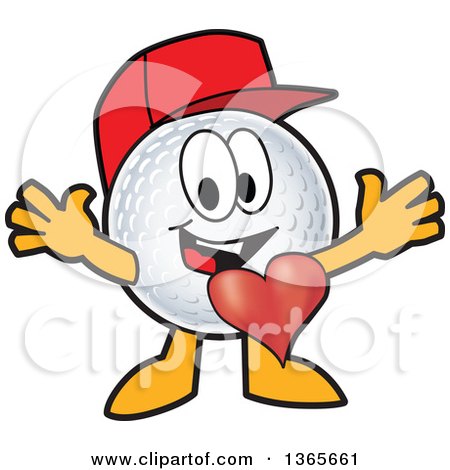 Clipart of a Golf Ball Sports Mascot Character Wearing a Red Hat and Welcoming, with a Heart - Royalty Free Vector Illustration by Mascot Junction