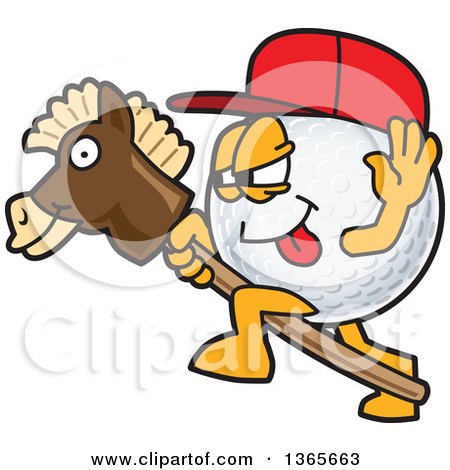 Clipart of a Golf Ball Sports Mascot Character Wearing a Red Hat and Playing with a Stick Pony - Royalty Free Vector Illustration by Mascot Junction