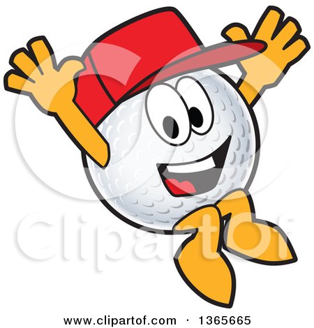 Clipart of a Golf Ball Sports Mascot Character Wearing a Red Hat and Jumping - Royalty Free Vector Illustration by Mascot Junction