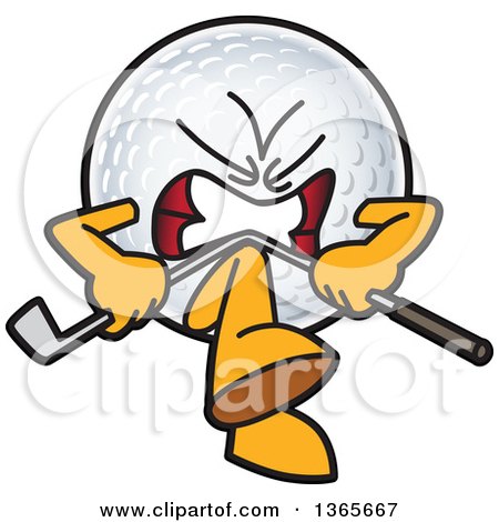 Clipart of a Mad Golf Ball Sports Mascot Character Breaking a Club over His Knee - Royalty Free Vector Illustration by Mascot Junction