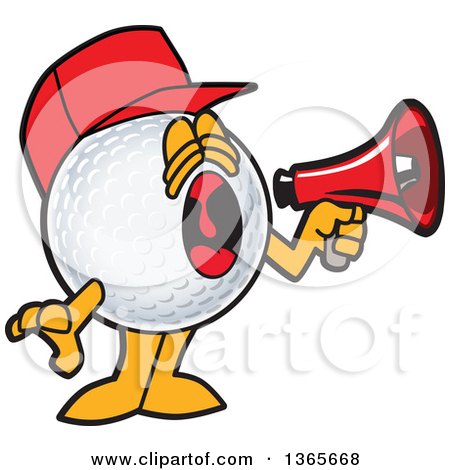 Clipart of a Golf Ball Sports Mascot Character Wearing a Red Hat and Using a Megaphone - Royalty Free Vector Illustration by Mascot Junction