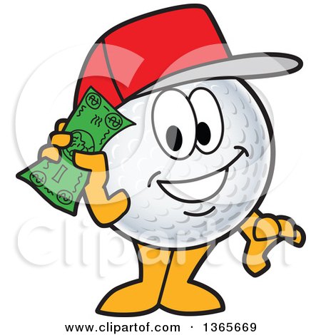 Clipart of a Golf Ball Sports Mascot Character Wearing a Red Hat and Holding Cash - Royalty Free Vector Illustration by Mascot Junction
