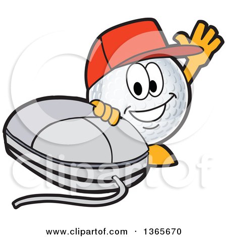 Clipart of a Golf Ball Sports Mascot Character Wearing a Red Hat and Waving by a Computer Mouse - Royalty Free Vector Illustration by Mascot Junction