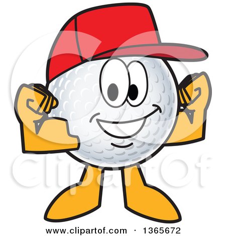 Clipart of a Golf Ball Sports Mascot Character Wearing a Red Hat and Flexing - Royalty Free Vector Illustration by Mascot Junction