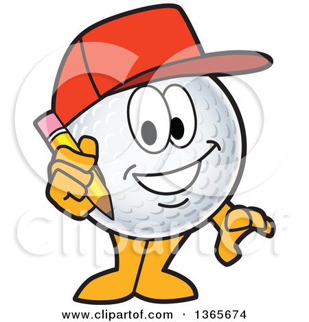 Clipart of a Golf Ball Sports Mascot Character Wearing a Red Hat and Holding a Pencil - Royalty Free Vector Illustration by Mascot Junction