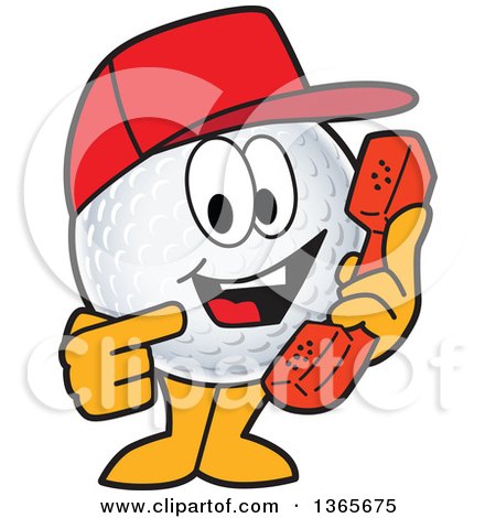 Clipart of a Golf Ball Sports Mascot Character Wearing a Red Hat and Holding a Telephone - Royalty Free Vector Illustration by Mascot Junction