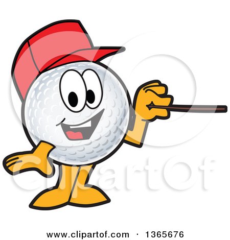 Clipart of a Golf Ball Sports Mascot Character Wearing a Red Hat and Using a Pointer Stick - Royalty Free Vector Illustration by Mascot Junction