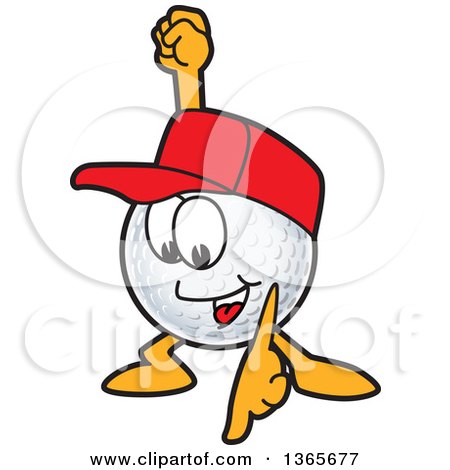 Clipart of a Golf Ball Sports Mascot Character Wearing a Red Hat and Pointing down - Royalty Free Vector Illustration by Mascot Junction