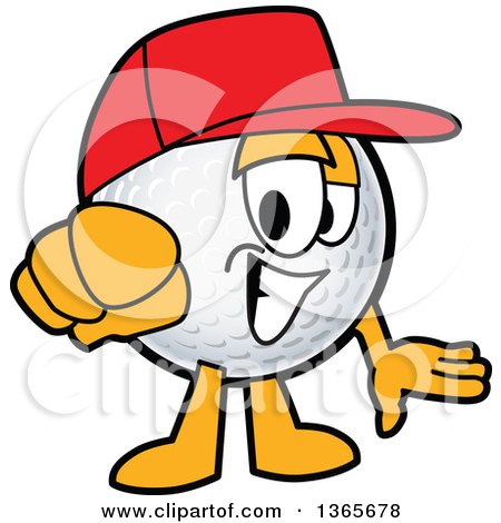 Clipart of a Golf Ball Sports Mascot Character Wearing a Red Hat and Pointing Outwards - Royalty Free Vector Illustration by Mascot Junction