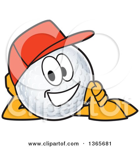 Clipart of a Golf Ball Sports Mascot Character Wearing a Red Hat and Resting on His Side - Royalty Free Vector Illustration by Mascot Junction