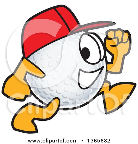 Clipart of a Golf Ball Sports Mascot Character Wearing a Red Hat and Running - Royalty Free Vector Illustration by Mascot Junction
