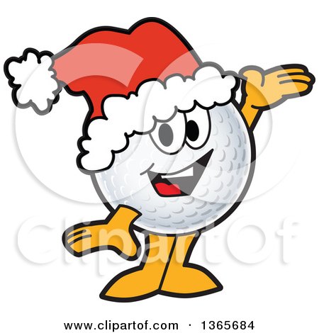Clipart of a Golf Ball Sports Mascot Character Wearing a Christmas Santa Hat and Presenting - Royalty Free Vector Illustration by Mascot Junction