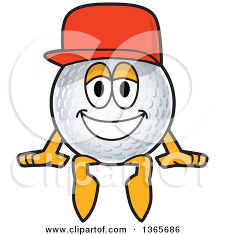 Clipart of a Golf Ball Sports Mascot Character Wearing a Red Hat and Sitting - Royalty Free Vector Illustration by Mascot Junction