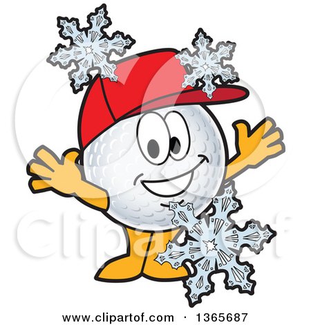 Clipart of a Golf Ball Sports Mascot Character Wearing a Red Hat and Cheering in the Snow - Royalty Free Vector Illustration by Mascot Junction