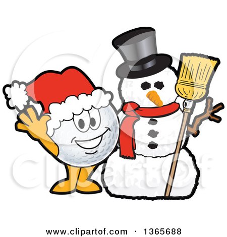 Clipart of a Golf Ball Sports Mascot Character Waving by a Christmas Snowman - Royalty Free Vector Illustration by Mascot Junction