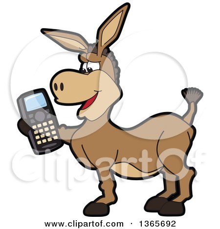 Clipart of a Cartoon Donkey Mascot Holding a Cell Phone - Royalty Free Vector Illustration by Mascot Junction