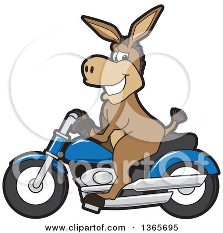 Clipart of a Cartoon Donkey Mascot on a Blue Motorcycle - Royalty Free Vector Illustration by Mascot Junction