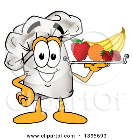 Clipart of a Toque Chefs Hat Mascot Character Serving Fruit on a Tray - Royalty Free Vector Illustration by Mascot Junction