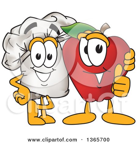 Clipart of a Toque Chefs Hat Mascot Character Posing with a Red Apple - Royalty Free Vector Illustration by Mascot Junction