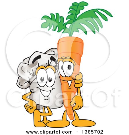 Clipart of a Toque Chefs Hat Mascot Character Posing with a Carrot - Royalty Free Vector Illustration by Mascot Junction