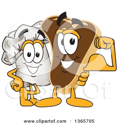Clipart of a Toque Chefs Hat Mascot Character Posing with a Flexing Beef Steak - Royalty Free Vector Illustration by Mascot Junction