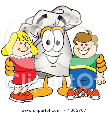 Clipart of a Toque Chefs Hat Mascot Character Posing with Children - Royalty Free Vector Illustration by Mascot Junction