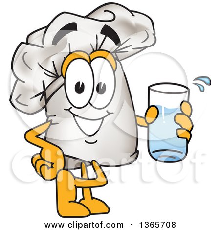 Clipart of a Toque Chefs Hat Mascot Character Holding a Glass of Water - Royalty Free Vector Illustration by Mascot Junction