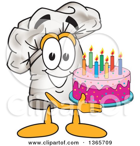 Clipart of a Toque Chefs Hat Mascot Character Holding a Birthday Cake - Royalty Free Vector Illustration by Mascot Junction