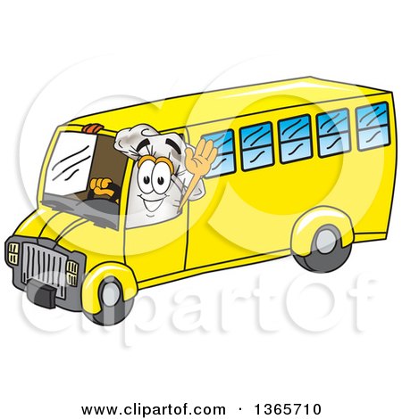 Clipart of a Toque Chefs Hat Mascot Character Waving and Driving a Bus - Royalty Free Vector Illustration by Mascot Junction