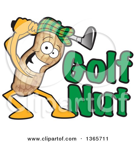 Clipart of a Peanut Mascot Swinging a Club by Golf Nut Text - Royalty Free Vector Illustration by Mascot Junction