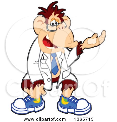 Clipart of a Cartoon Chimpanzee Monkey Scientist Presenting - Royalty Free Vector Illustration by Mascot Junction