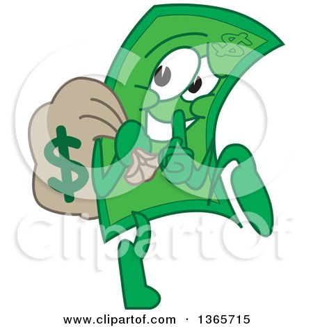 Clipart of a Cartoon Dollar Bill Mascot Tip Toeing and Gesturing to Be Quite While Carrying a Money Bag - Royalty Free Vector Illustration by Mascot Junction