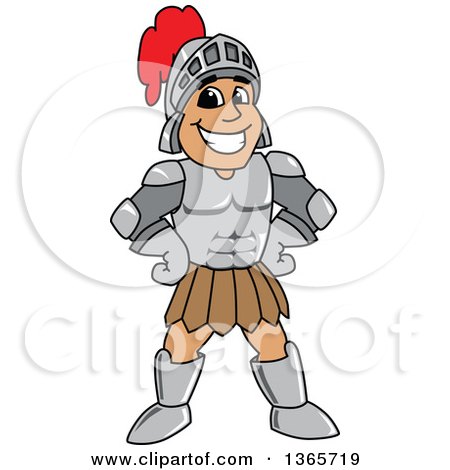 Clipart of a Cartoon Happy Grinning Armored Knight Standing with Hands on His Hips - Royalty Free Vector Illustration by Mascot Junction